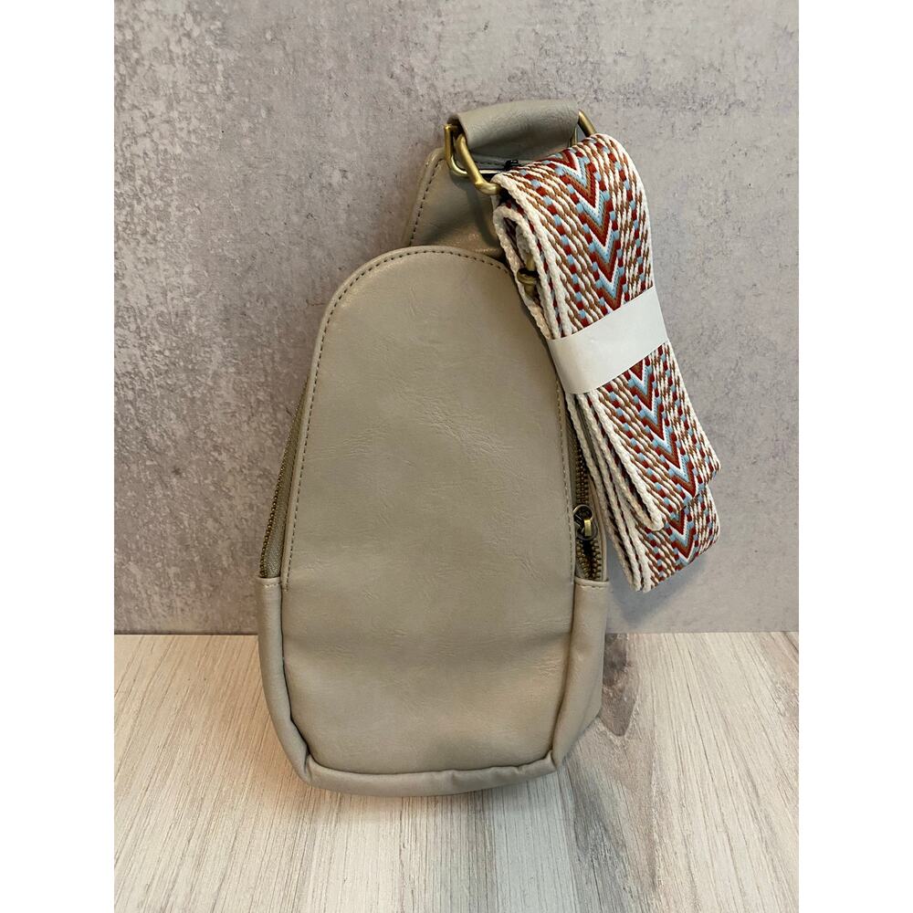 Leather Vegan Sling Crossbody Bag Thick Strap Backpack Grey NEW